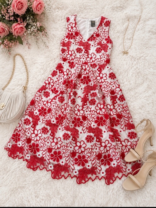 Taylor Dresses & Skirts - Red & White Floral Lace A-Line Scalloped Dress